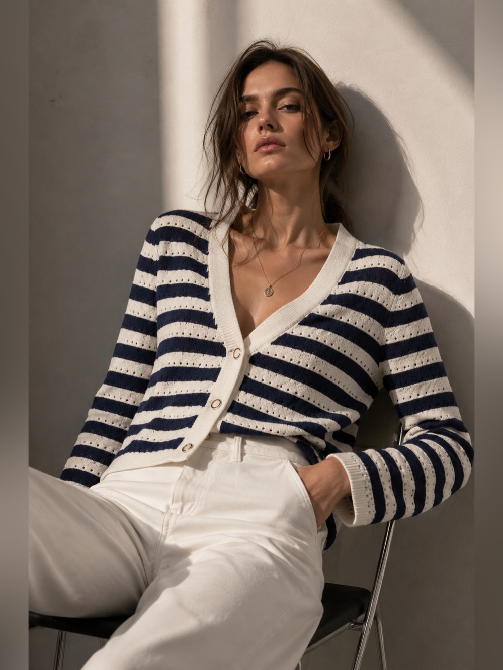 H&M Divided Pointelle Knit Cardigan – Striped – Size M
